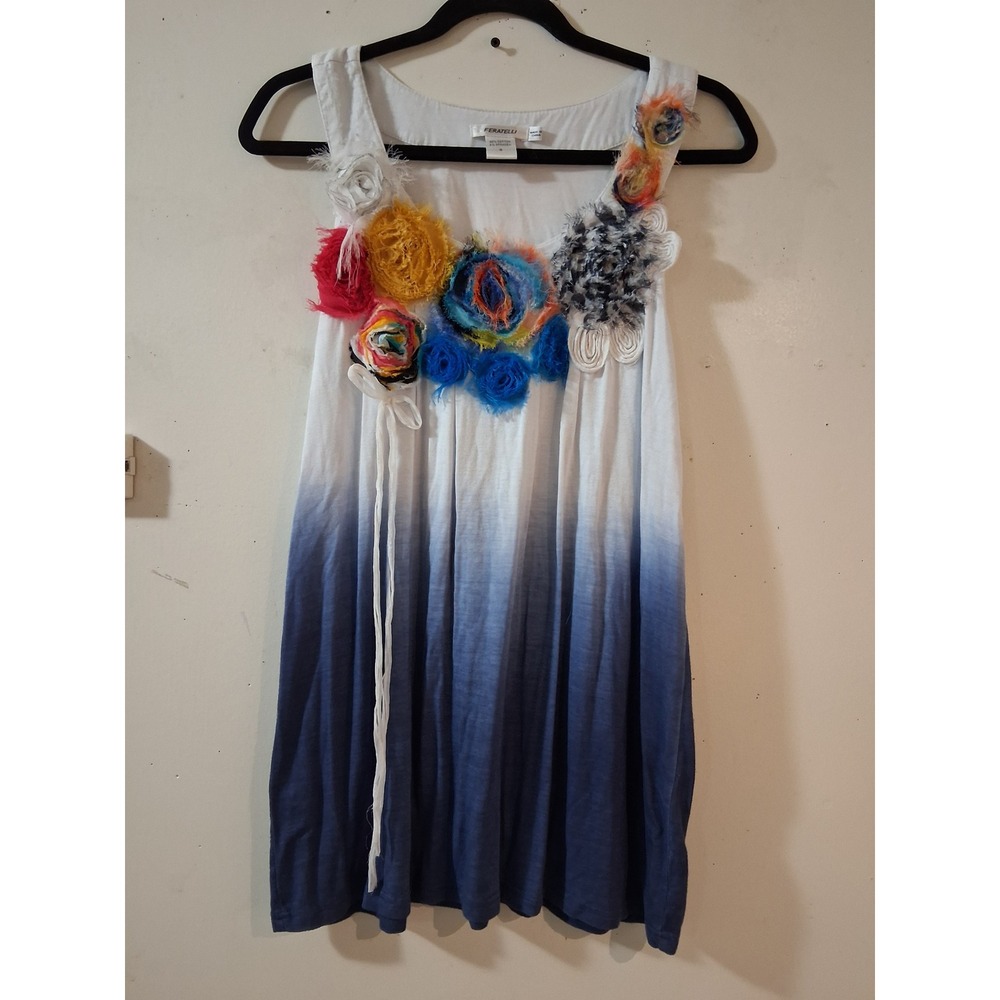 Feratelli Women White Blue Ombre 3D Flower Embellished Sleeveless Top Small